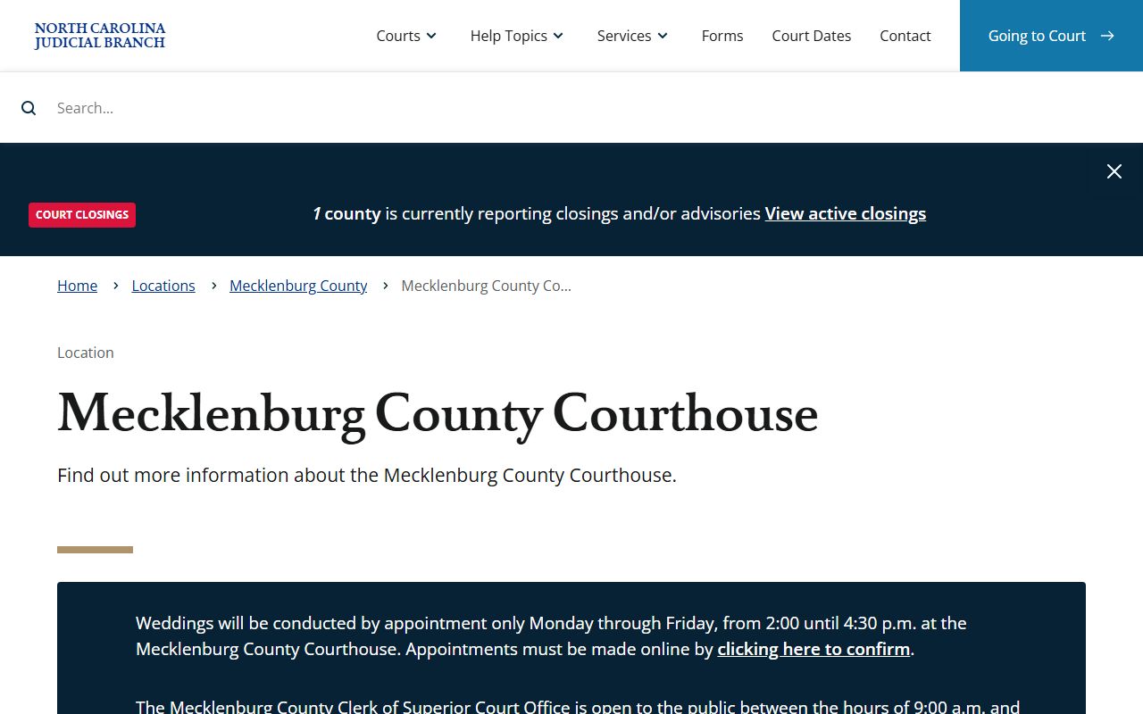 Mecklenburg County Courthouse page with address, hours, and parking for court records visits