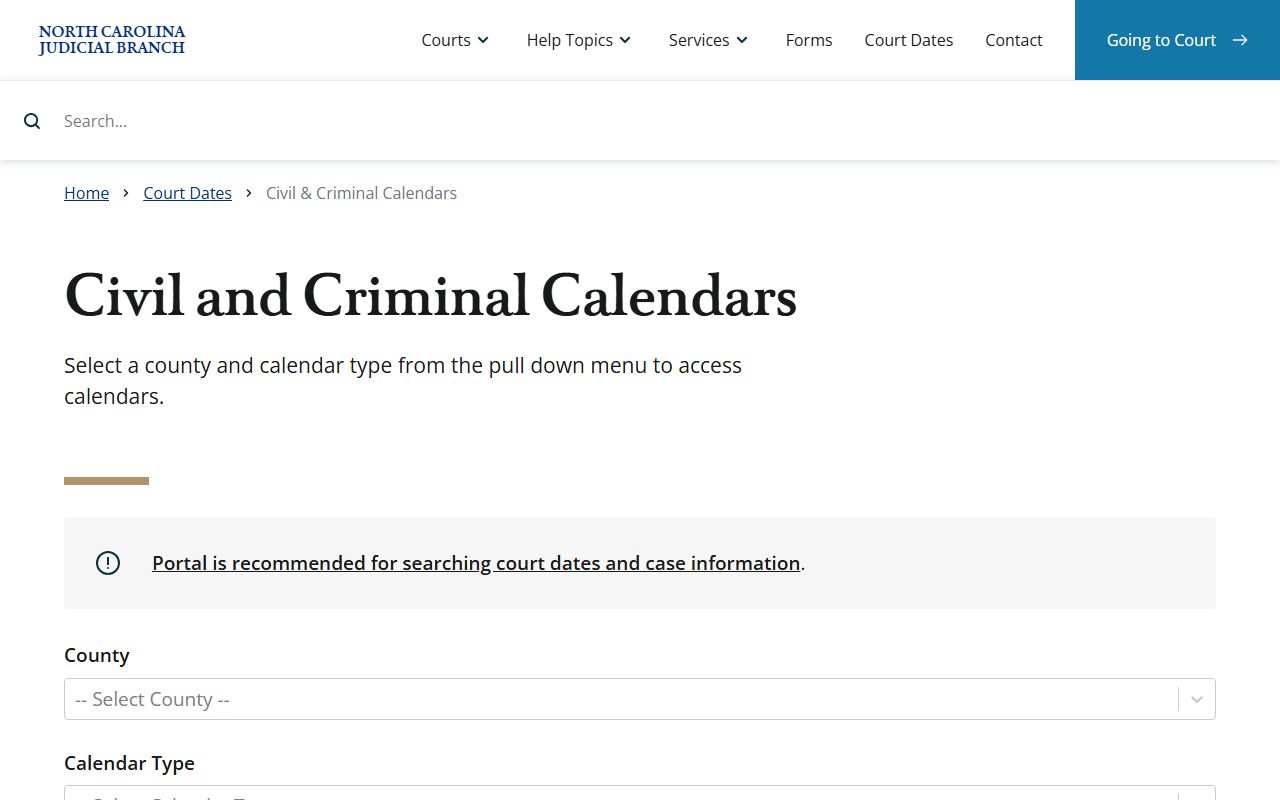 North Carolina court calendars portal for Mecklenburg County court dates and dockets