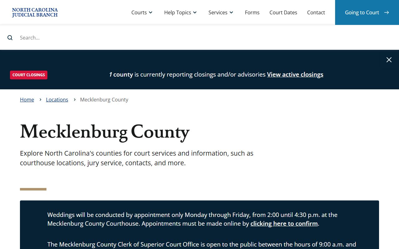 Mecklenburg County court records landing page on the North Carolina Judicial Branch site