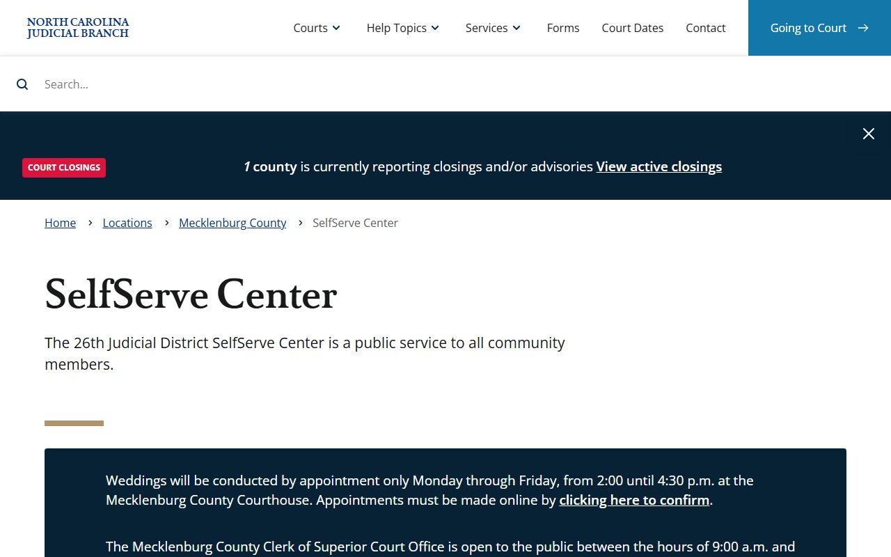 Mecklenburg County SelfServe Center page for self-represented court records help