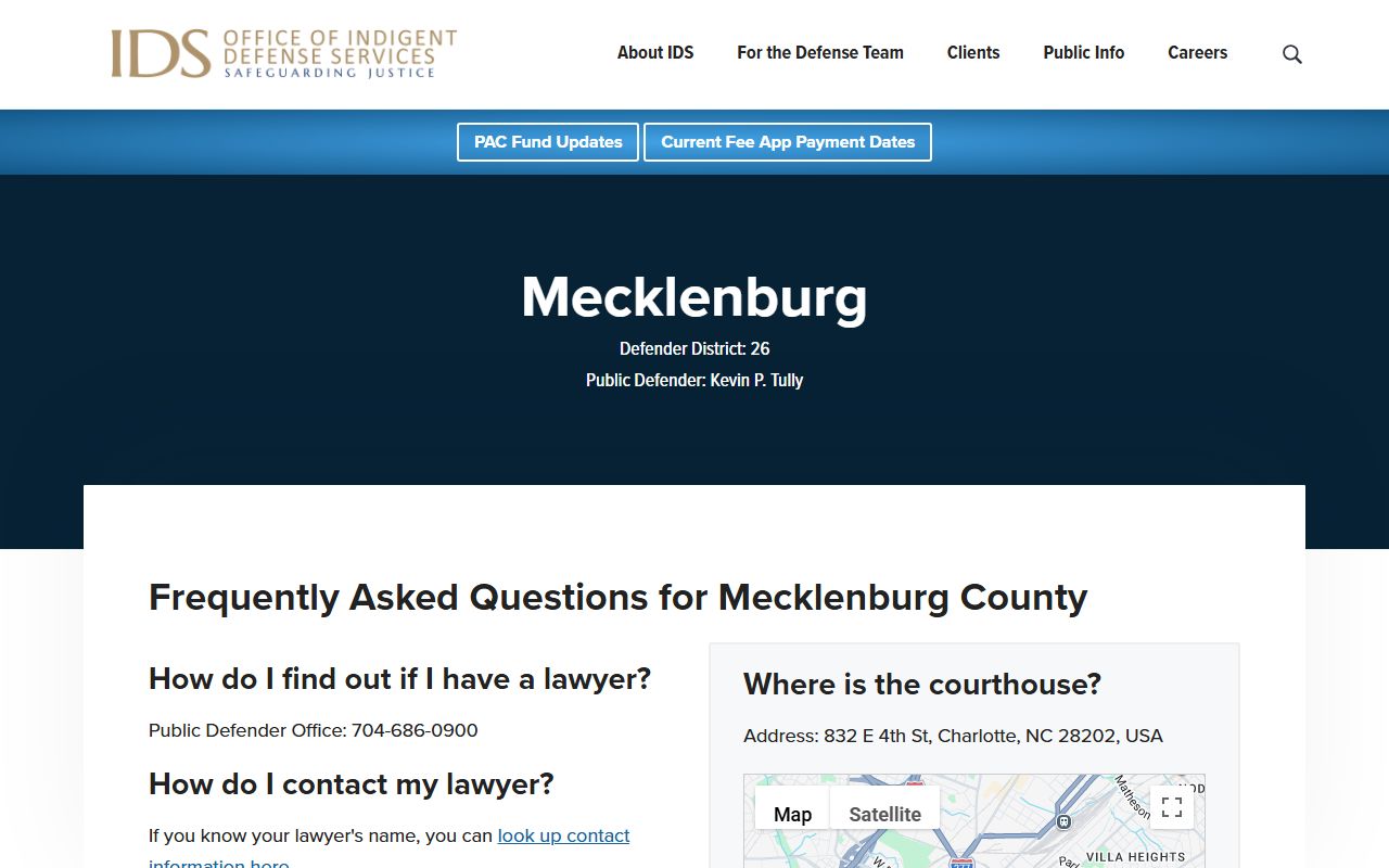 North Carolina Indigent Defense Services Mecklenburg page near the Clerk of Superior Court