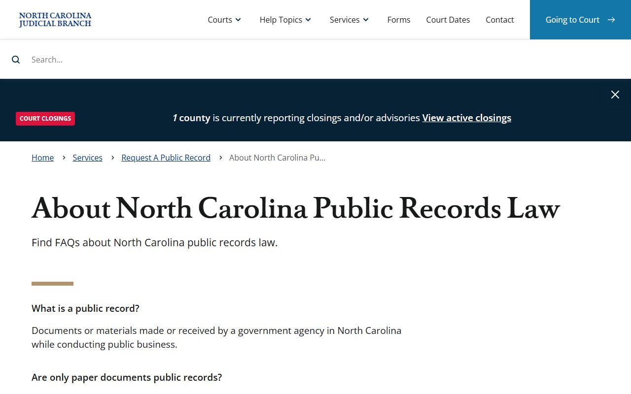 North Carolina public records law overview for Mecklenburg County court records