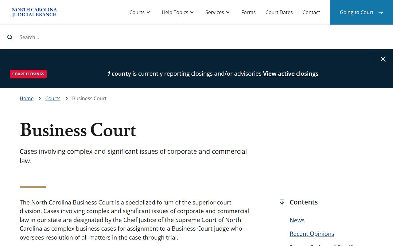 North Carolina Business Court page tied to Mecklenburg County court records