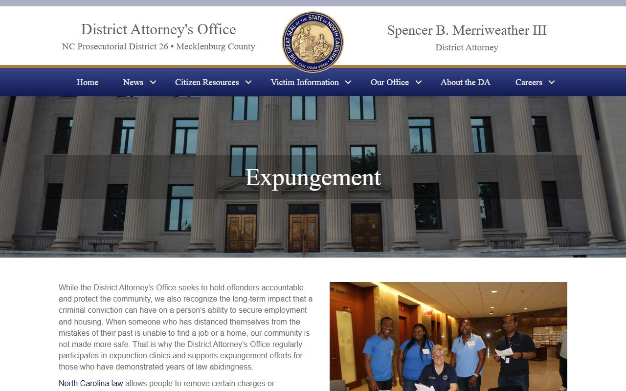 Mecklenburg County District Attorney expungement page for arrest records