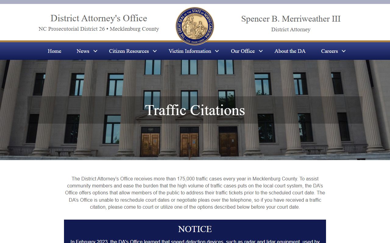 Mecklenburg County District Attorney traffic citation page for criminal records