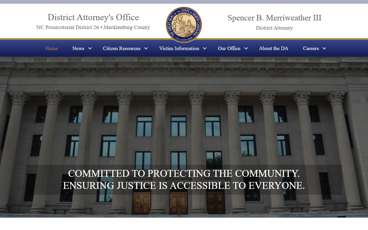 Mecklenburg County District Attorney home page for arrest and criminal records