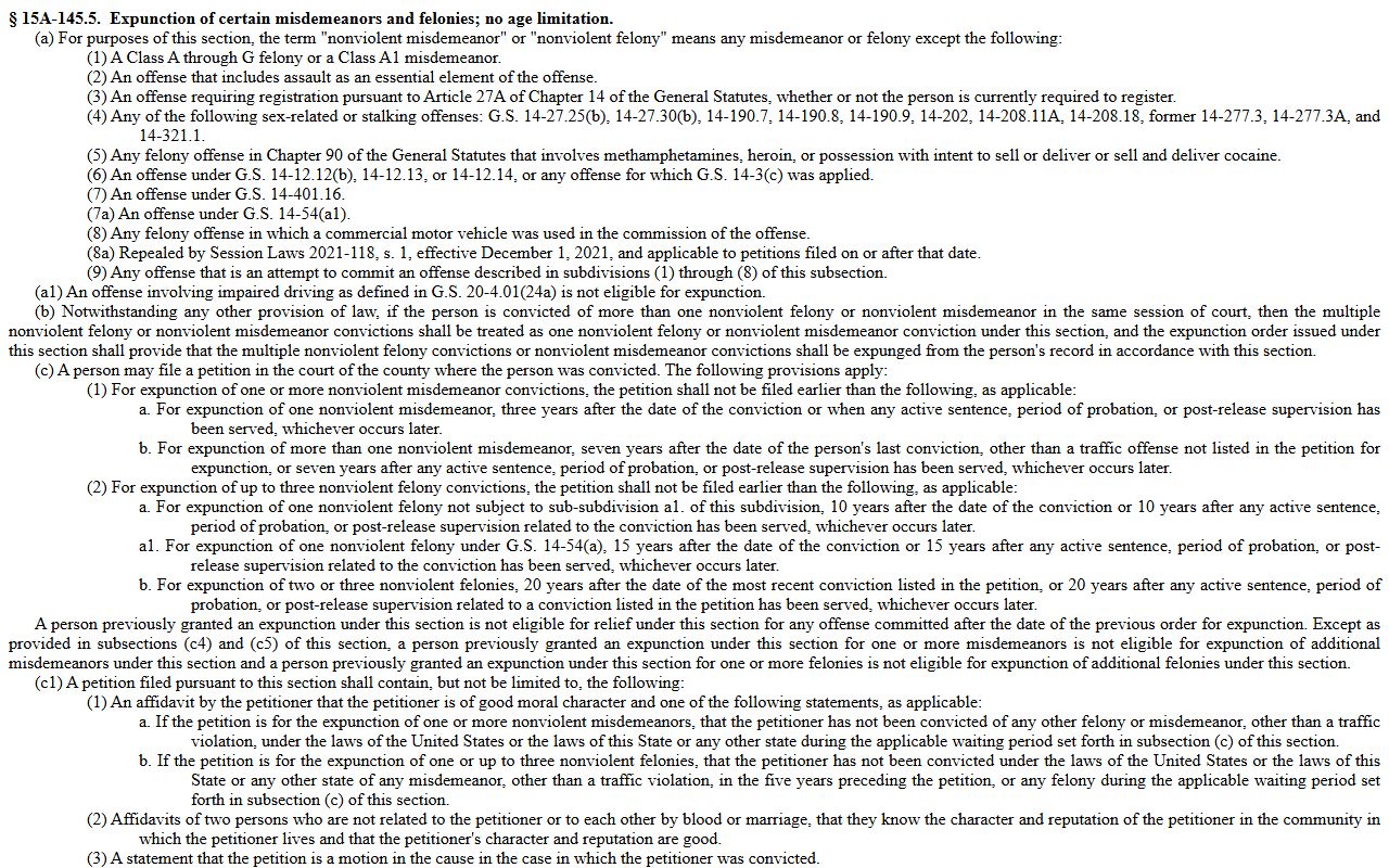 N.C.G.S. 15A-145.5 expunction eligibility for Mecklenburg County criminal records