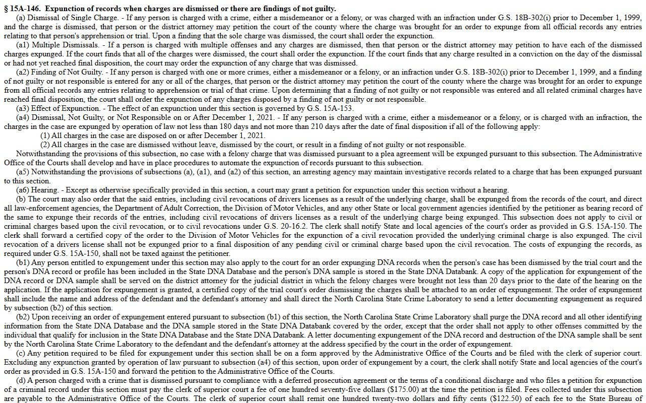 N.C.G.S. 15A-146 expunction statute for Mecklenburg County arrest records
