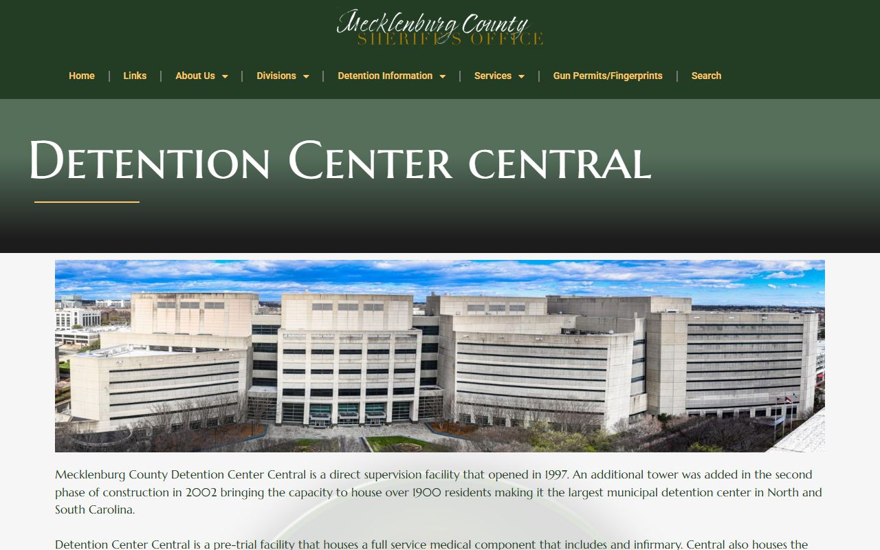 Mecklenburg County Detention Center Central page for inmate records