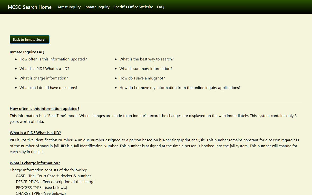 Mecklenburg County inmate inquiry FAQ explaining jail record fields