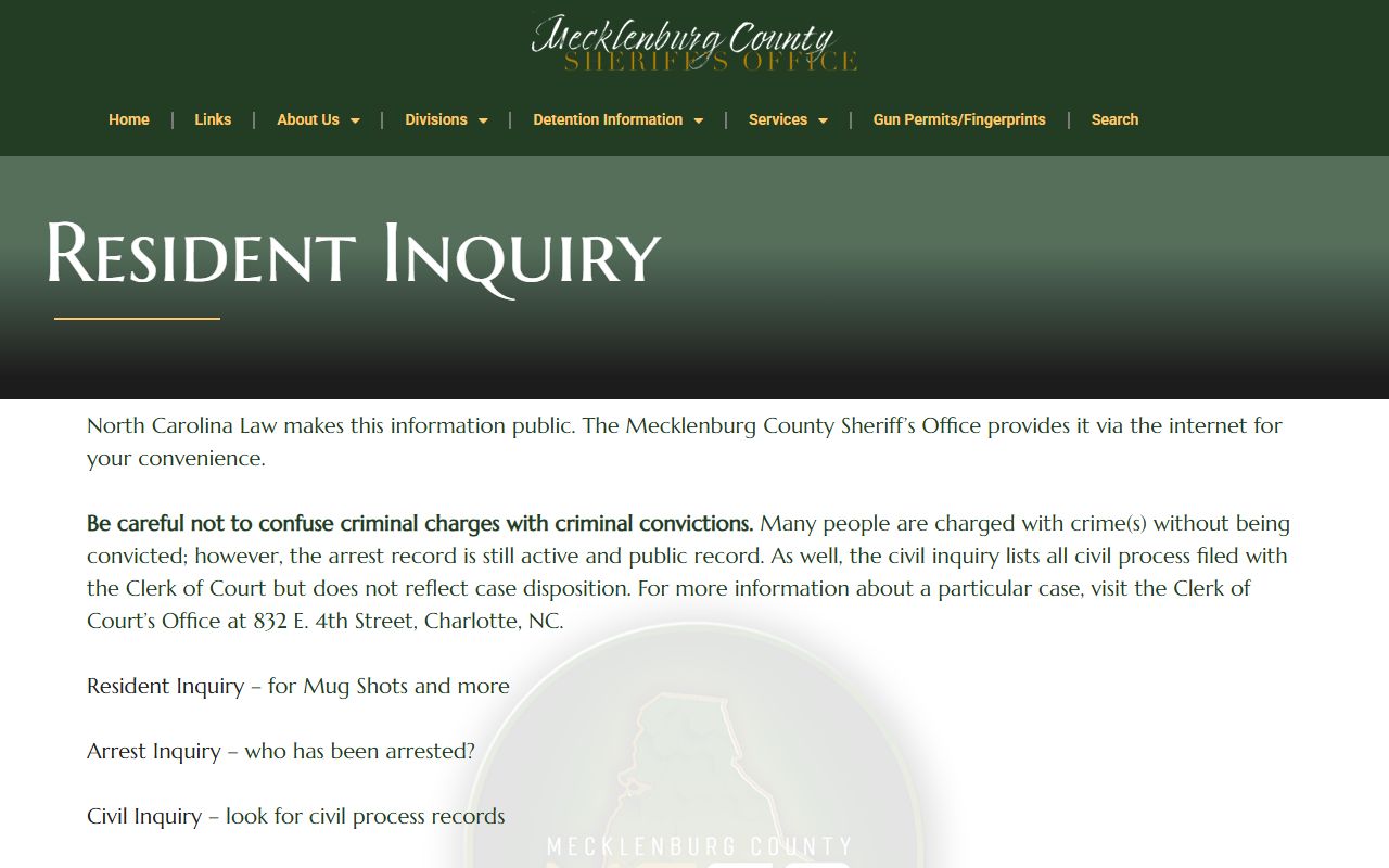 Mecklenburg County Sheriff resident inquiry page for inmate records