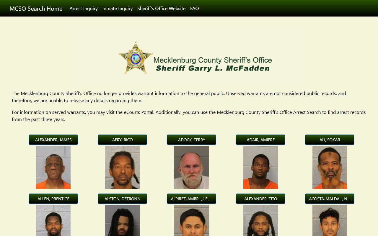Mecklenburg County Sheriff web inquiry system for jail inmate records