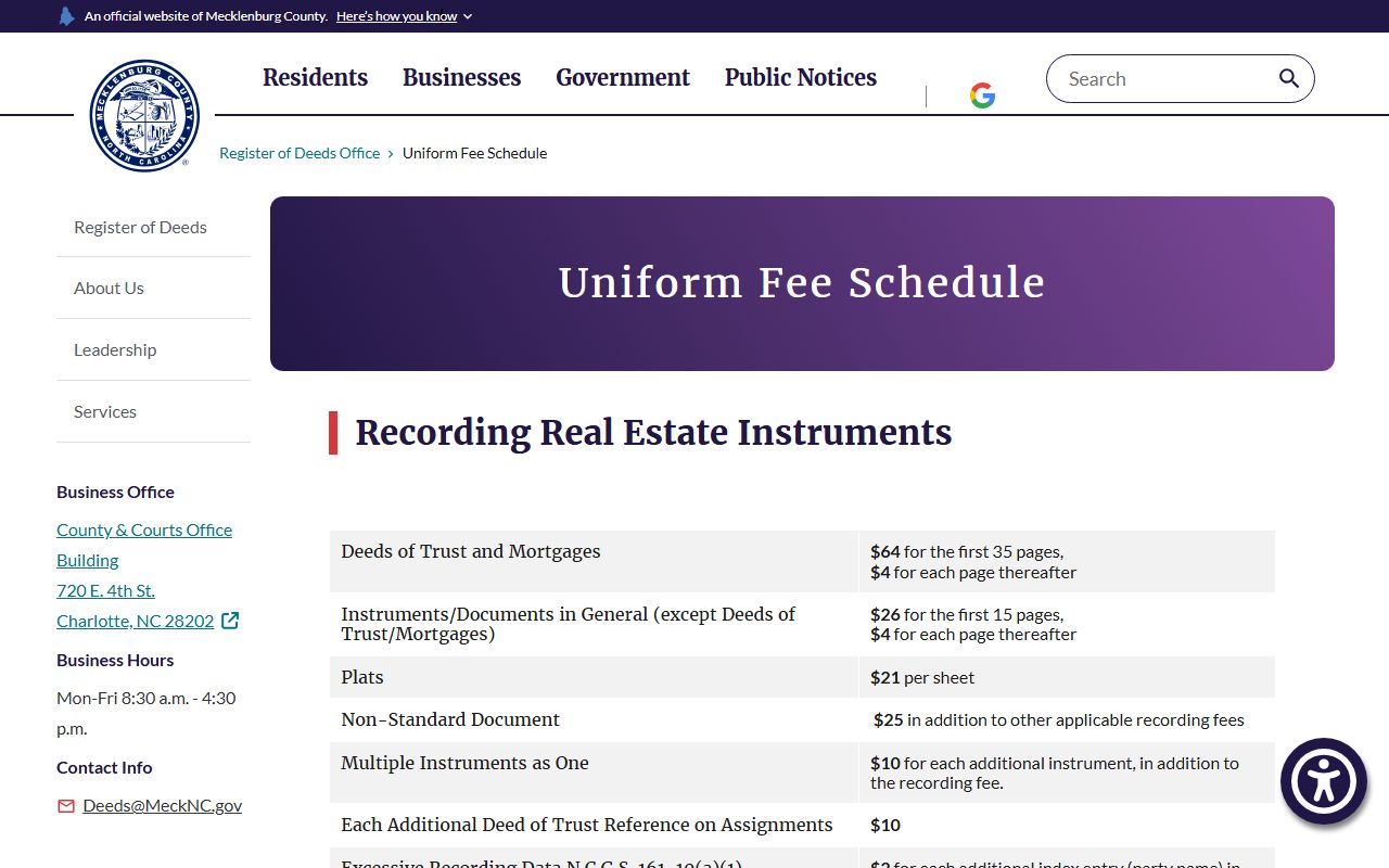 Mecklenburg County Register of Deeds fee schedule for marriage records