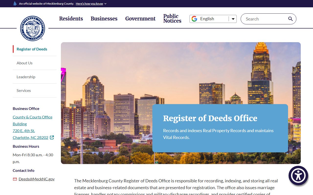 Mecklenburg County Register of Deeds home page for marriage records