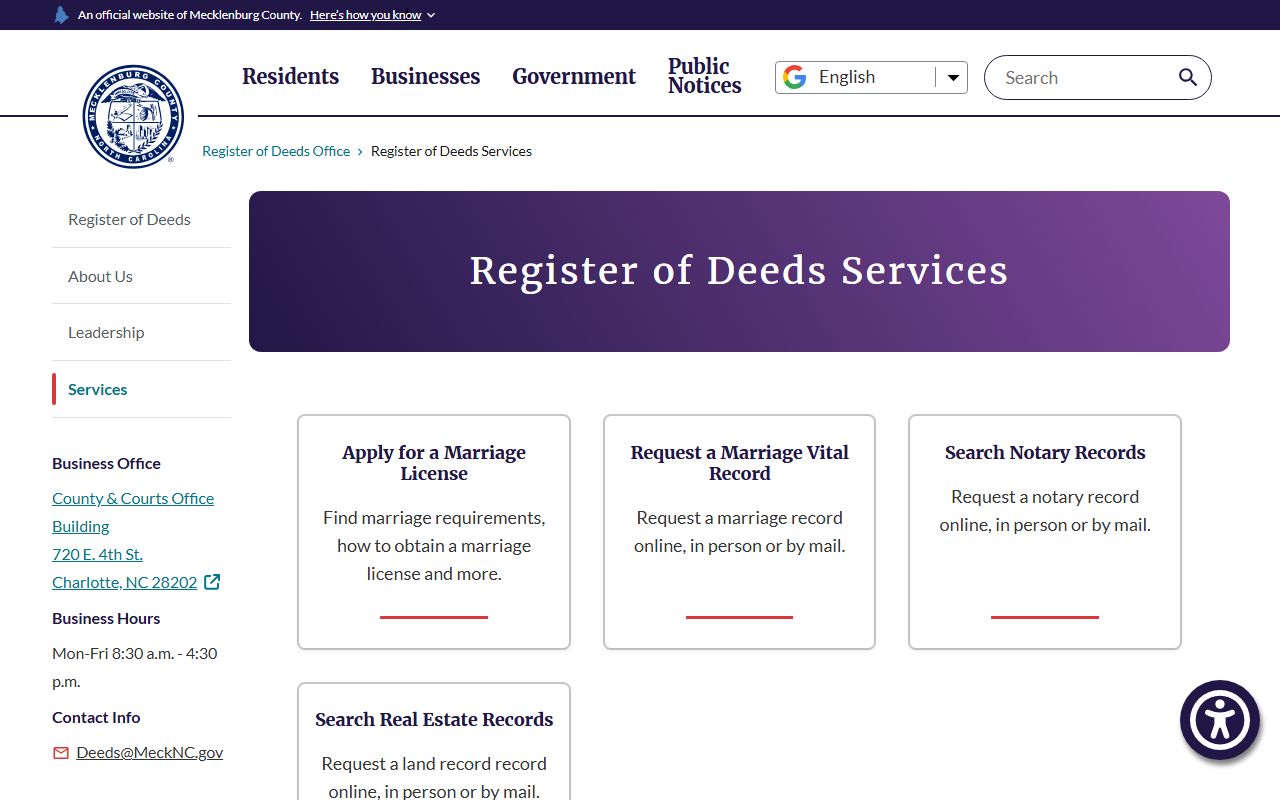 Mecklenburg County Register of Deeds services page for marriage and divorce records
