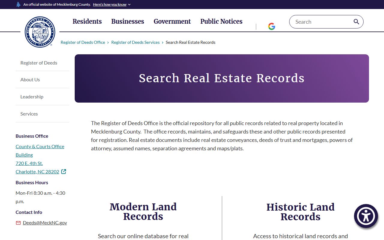 Mecklenburg County Register of Deeds real estate records page