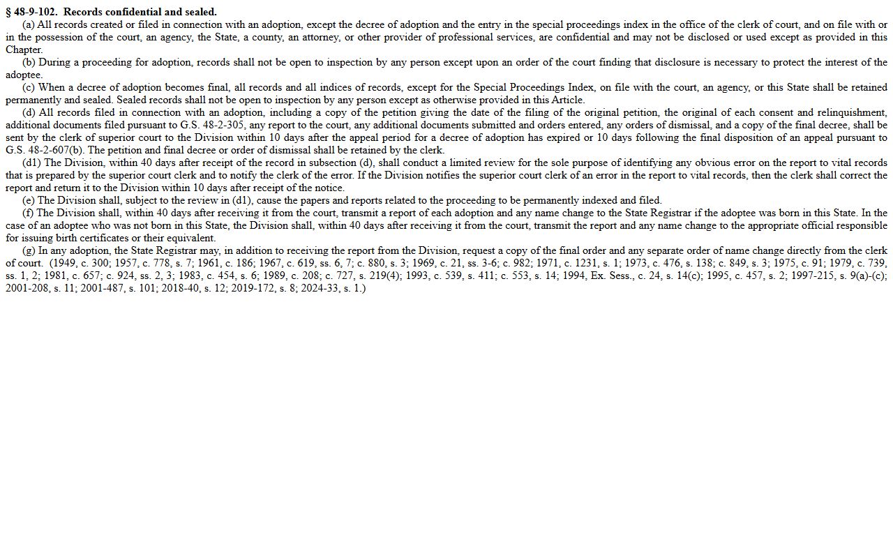 N.C.G.S. 48-9-102 adoption records confidentiality for Mecklenburg County probate