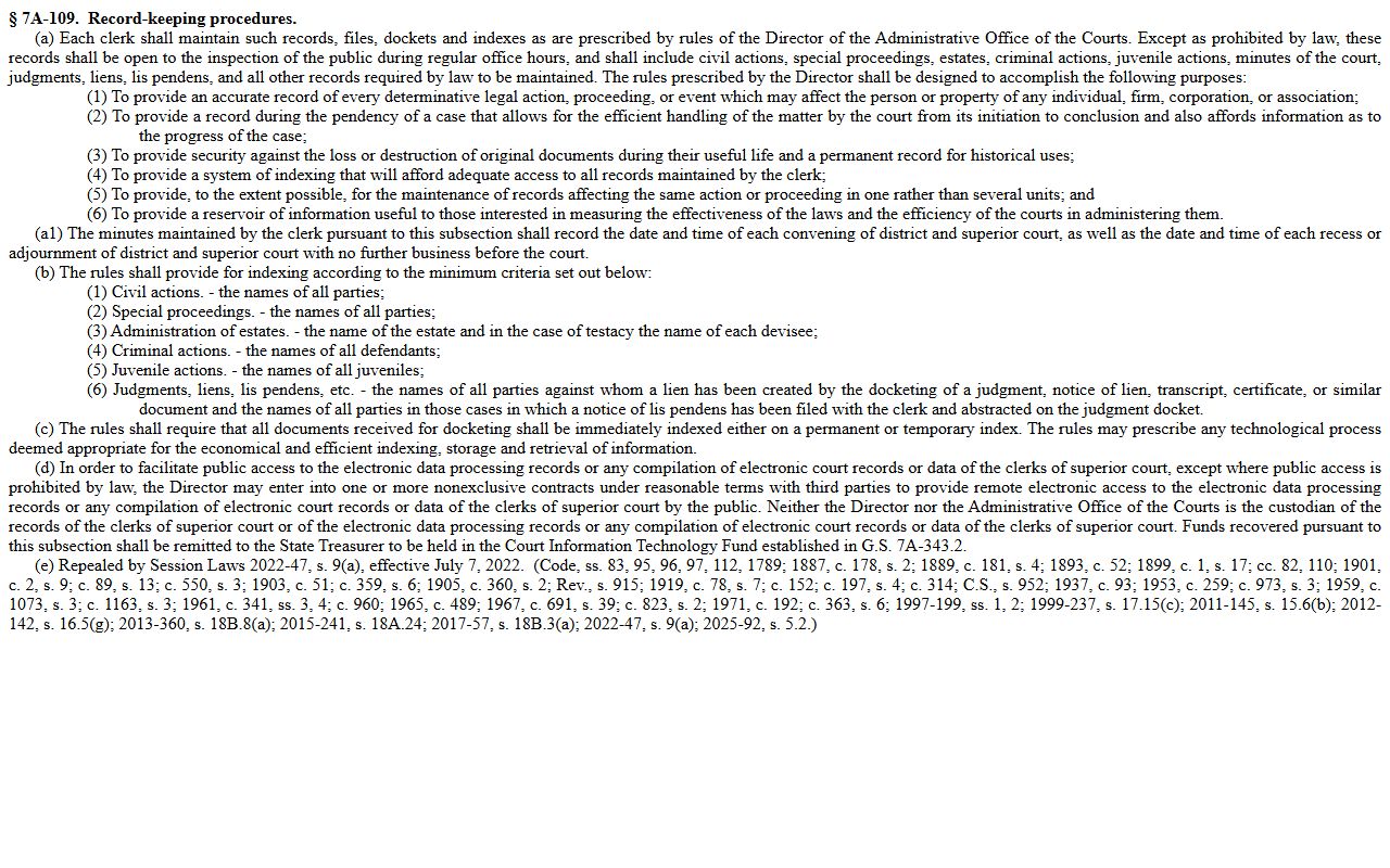 N.C.G.S. 7A-109 clerk records statute for Mecklenburg County probate records