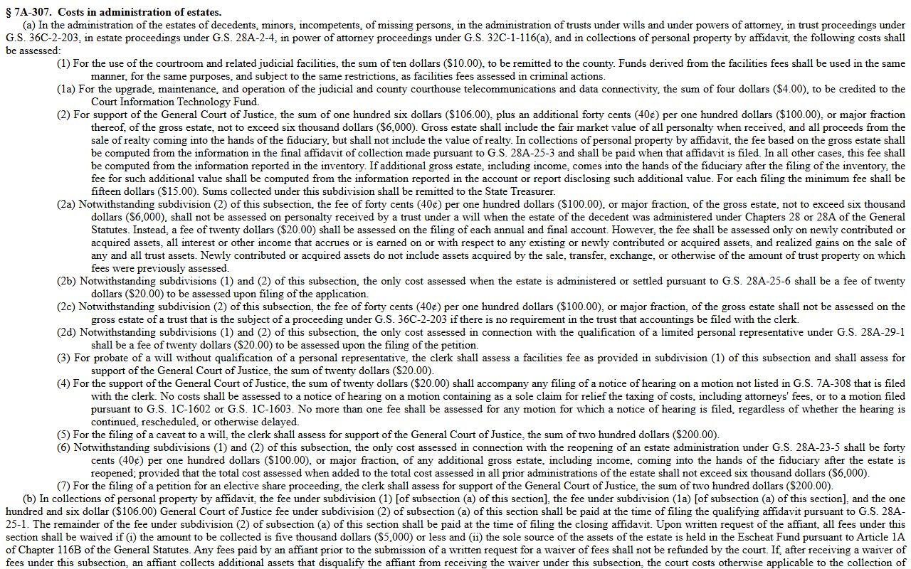 N.C.G.S. 7A-307 estate costs statute for Mecklenburg County probate records
