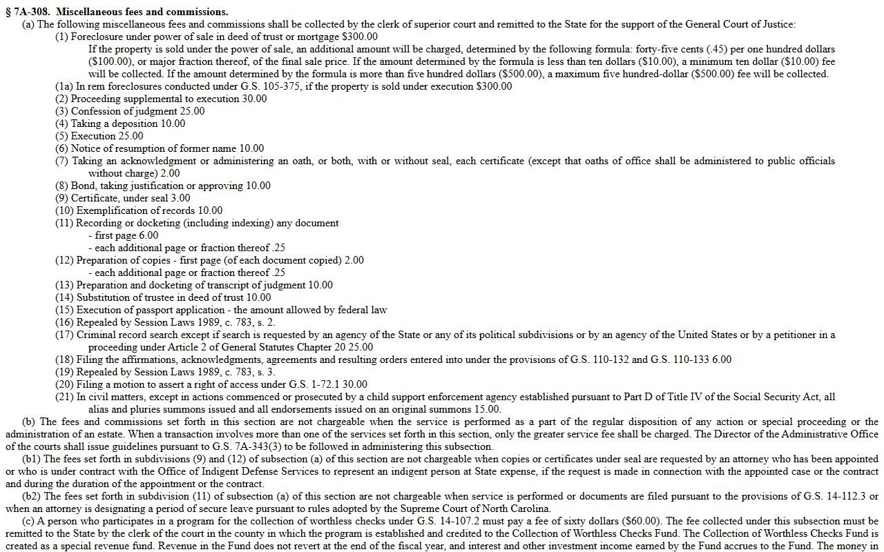 N.C.G.S. 7A-308 special proceeding fees for Mecklenburg County probate