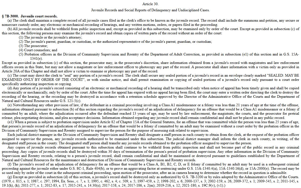 N.C.G.S. 7B-3000 juvenile records confidentiality for Mecklenburg County