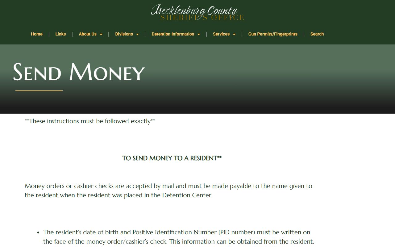 Mecklenburg County Sheriff resident money and release information page