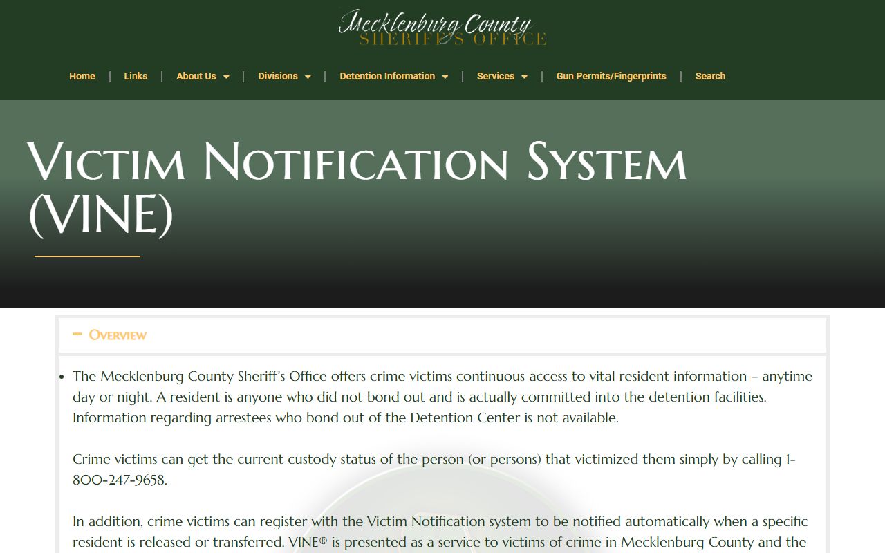Mecklenburg County Sheriff VINE system page for released inmates