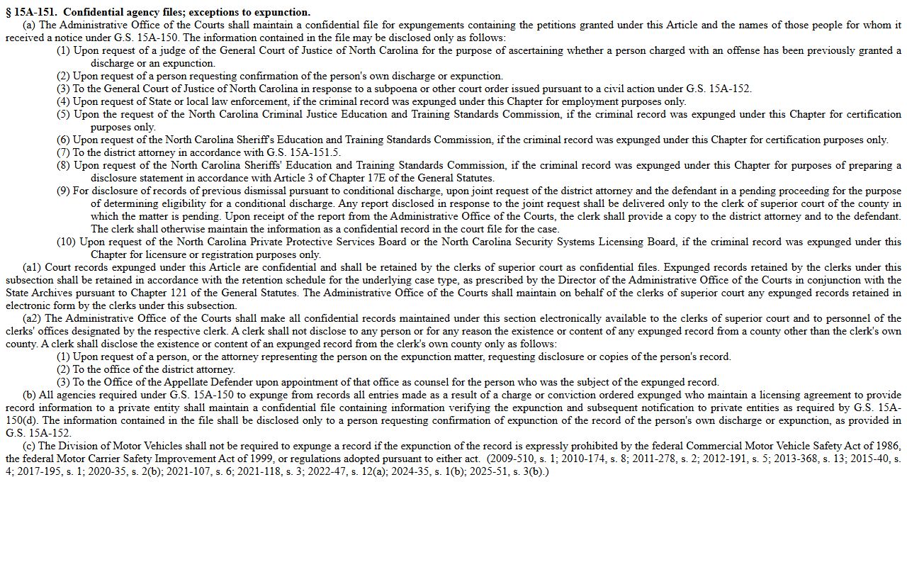 N.C.G.S. 15A-151 confidential expunged record files for Mecklenburg County warrants